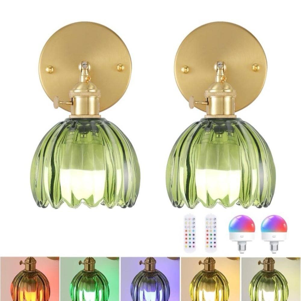 Green glassWall Sconces w/Remote-Control LED Bulbs, Great alternative to lamps!